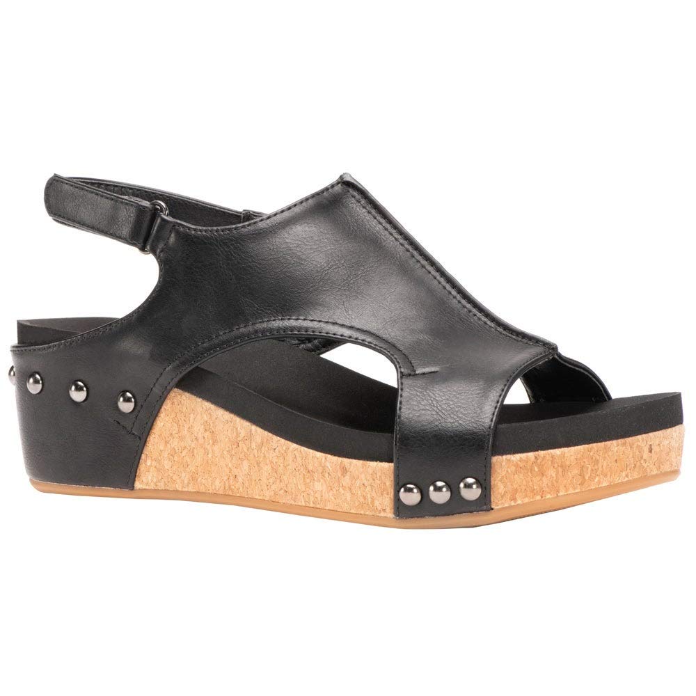 Corkys Women's Volta Wedge Sandal (Black Smooth, 9 M US)