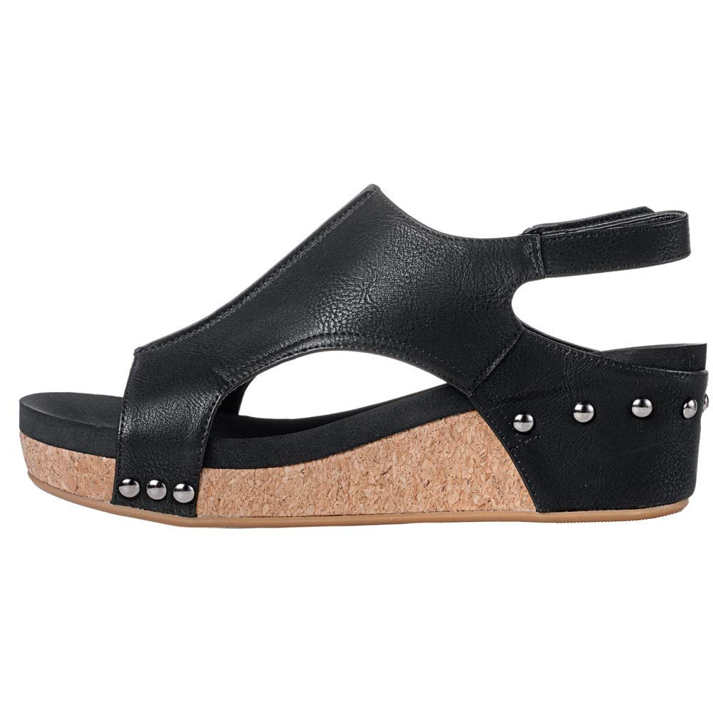 Corkys Women's Volta Wedge Sandal (Black Smooth, 9 M US)